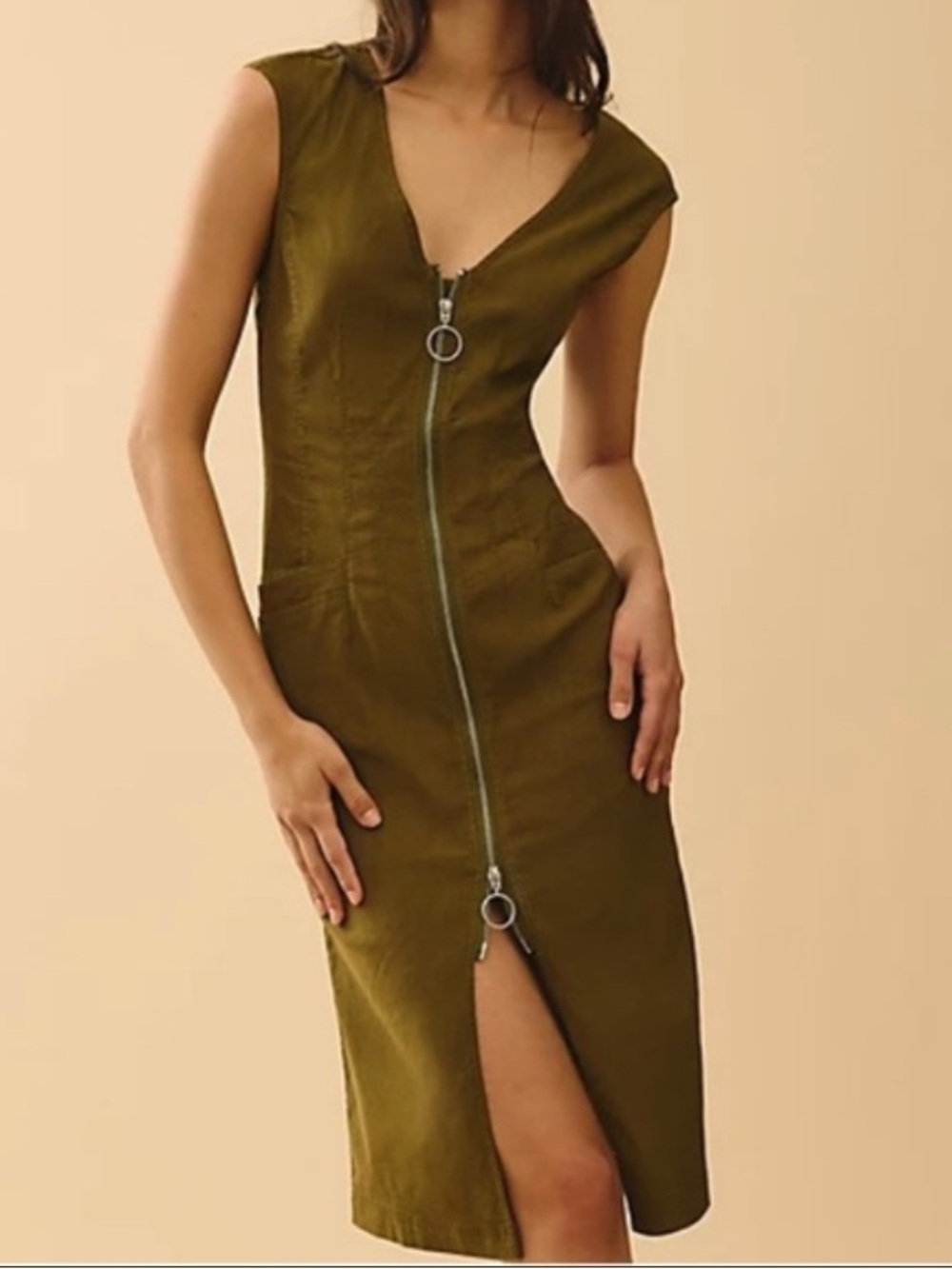 Anthropologie MAEVE Olive Green Zip-Up Utility Pencil Dress with Pockets Sz 10